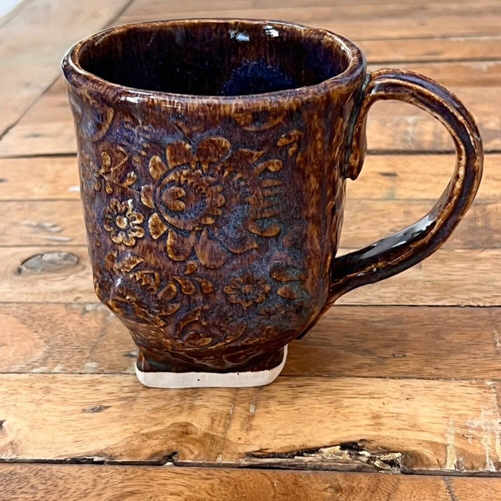 Art Studio Pottery Handcrafted Ceramic Mug Floral Mottled Brown Square Base
